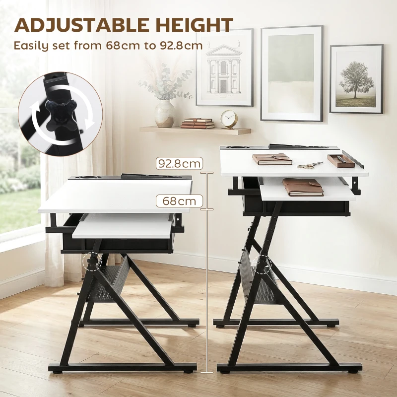 HOMCOM Regulowany na wysokość stół do rysowania, stół roboczy z krzesłem i szufladami, biały