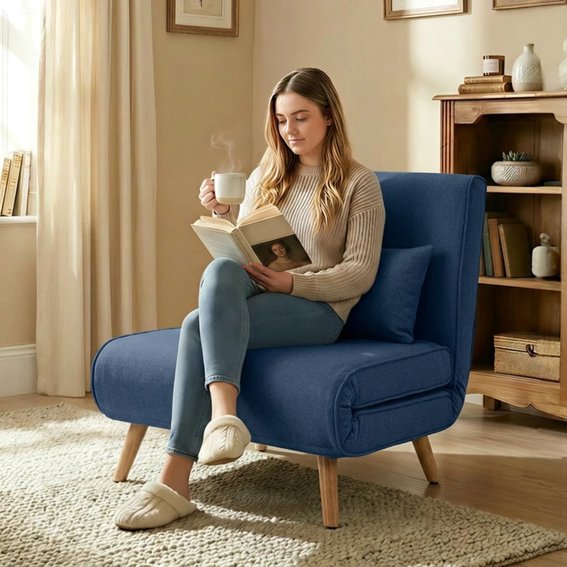 HOMCOM Sofá Cama Individual Plegable con Respaldo Ajustable 5 Posiciones Sillón Cama Tapizado con Cojín 72x75x85 cm Azul