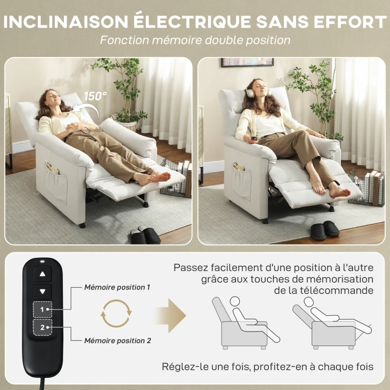 HOMCOM Fauteuil relax électrique massant et chauffant, fauteuil inclinable, repose-pieds, moteur silencieux, 82x99x106cm, crème