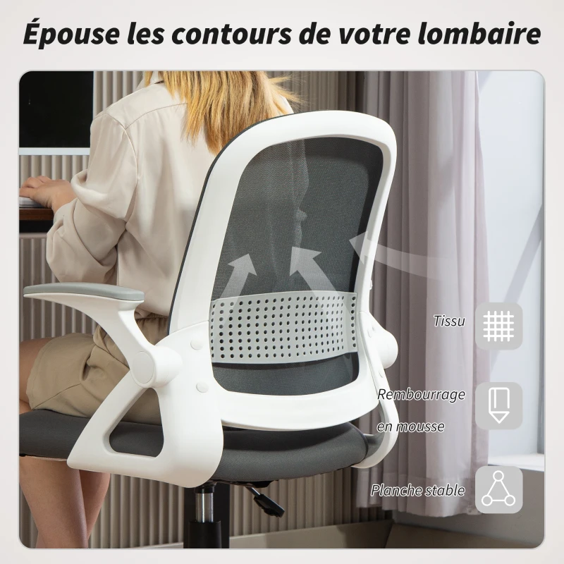 HOMCOM Chaise bureau ergonomique, fauteuil de bureau en maille avec accoudoirs relevables, hauteur réglable, gris