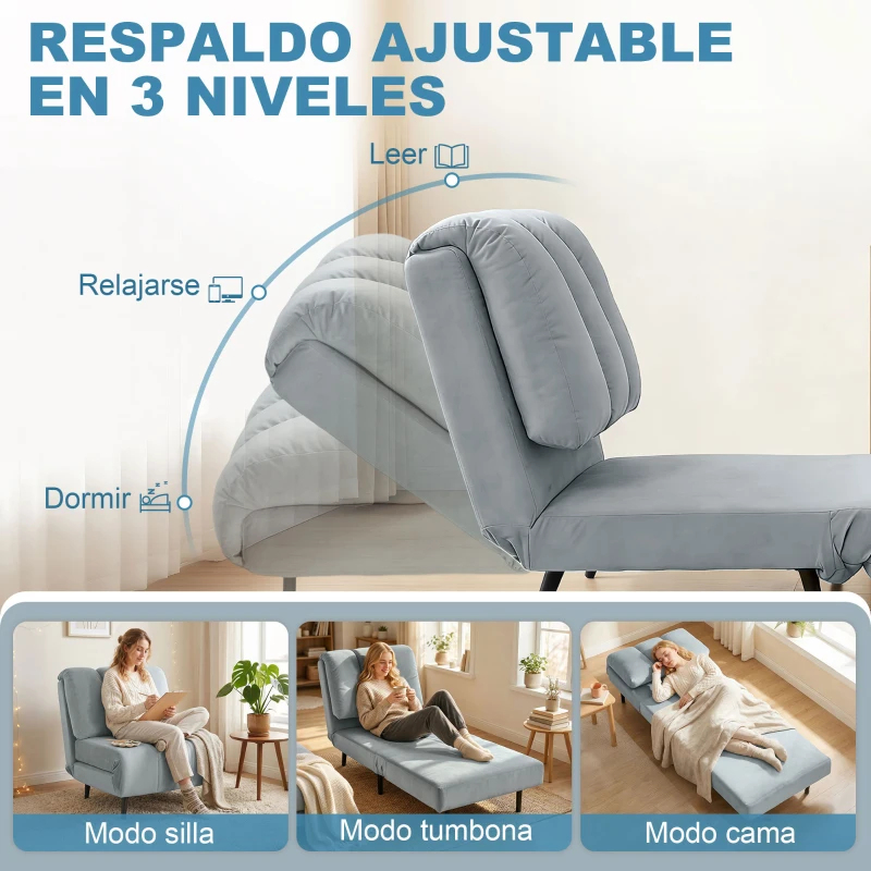 HOMCOM Sillón Cama Individual 3 en 1 Sofá Cama Plegable con Respaldo Ajustable y Cojín Grueso para Salón 72x88x87 cm Gris