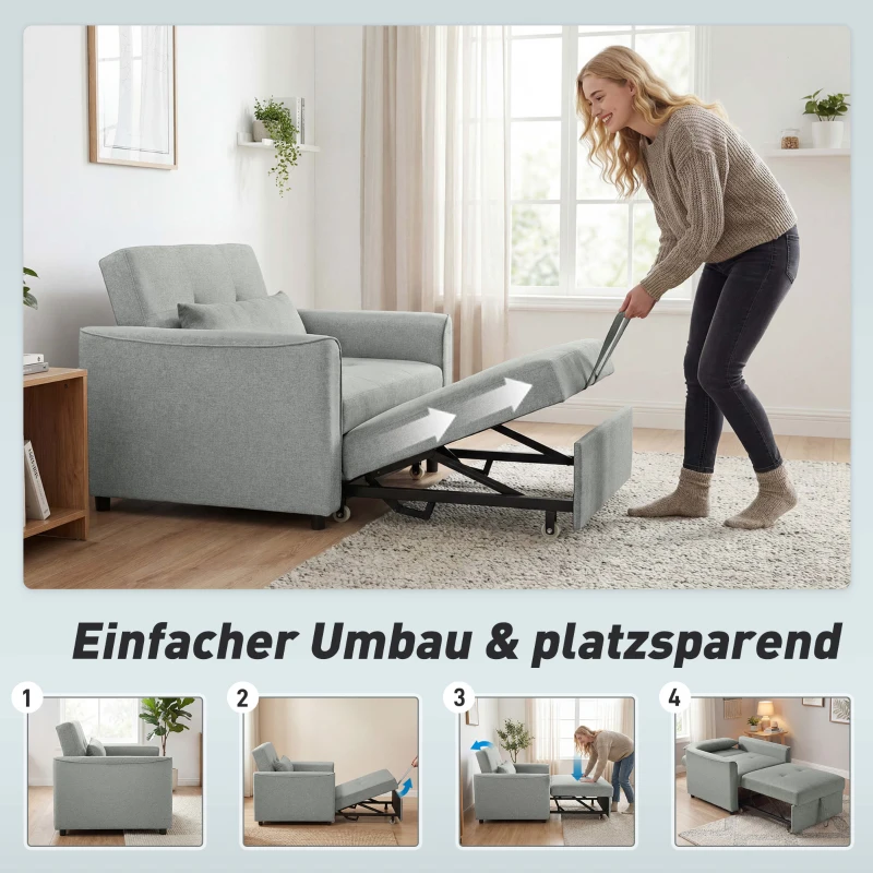 HOMCOM 3-in-1 Schlafsessel, Ausziehbarer Sofa-Bett Sessel mit Verstellbarer Rückenlehne, Grau