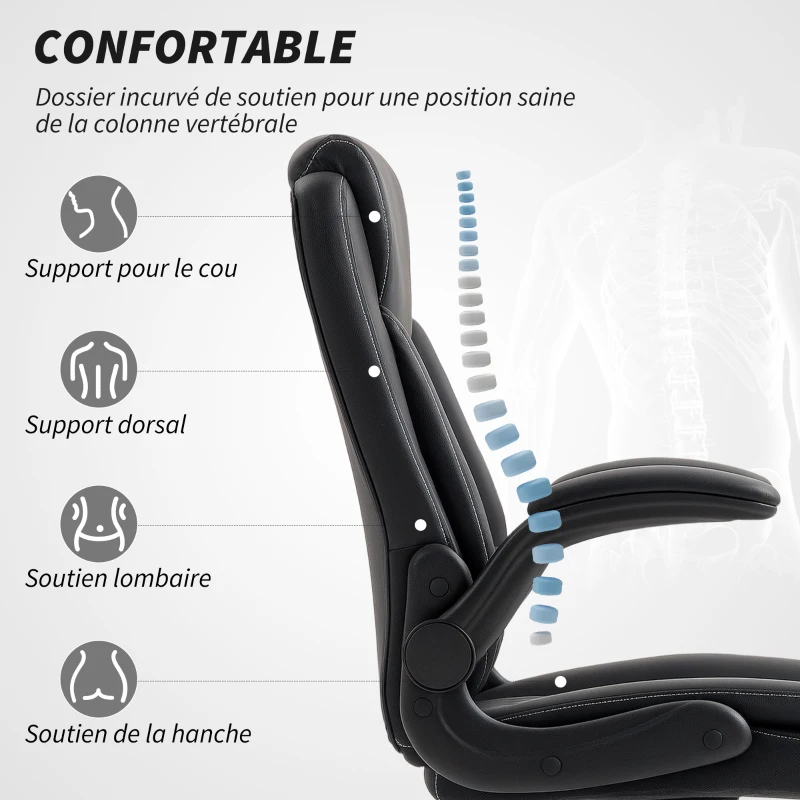 HOMCOM Fauteuil de bureau, chaise bureau ergonomique avec accoudoirs relevables, hauteur réglable, fonction de bascule, noir