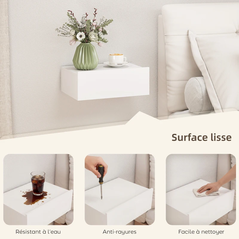 HOMCOM Lot de 2 tables de chevet murales, tables de nuit suspendues avec tiroir coulissant, 40 x 30 x 15 cm, blanc