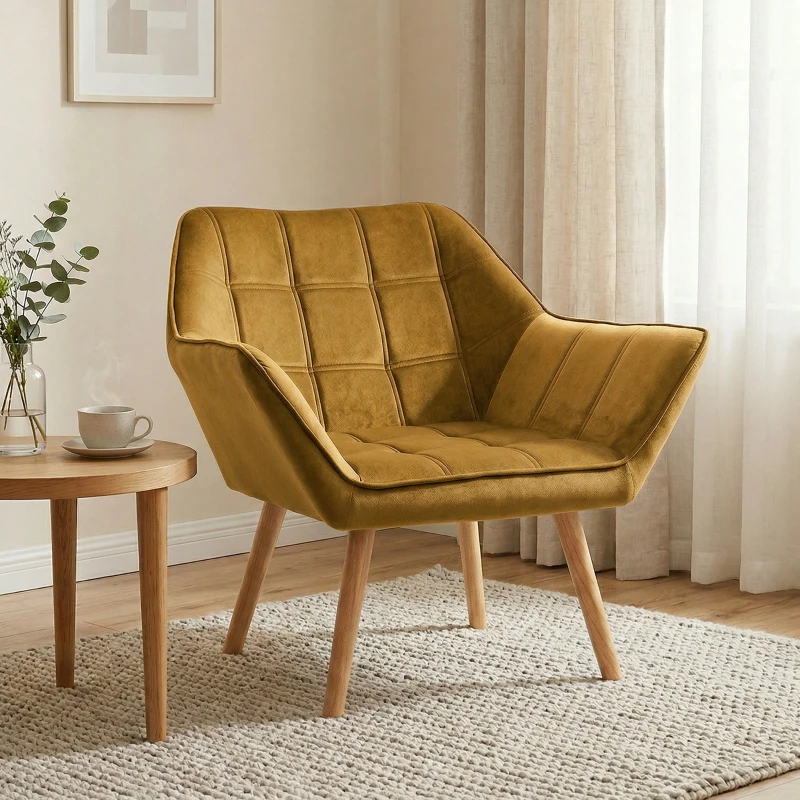 HOMCOM Butaca de Salón Moderna Tapizado en Terciopelo con Patas de Madera para Sala de Estar Amarillo