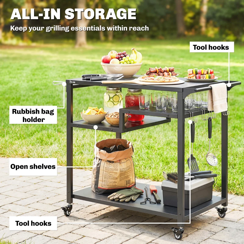 Outsunny Outdoor Grill Cart, Three-Tier Pizza Oven Stand  with Steel Tabletop, Hooks, Rubbish Bag Holder, Wheels, Black