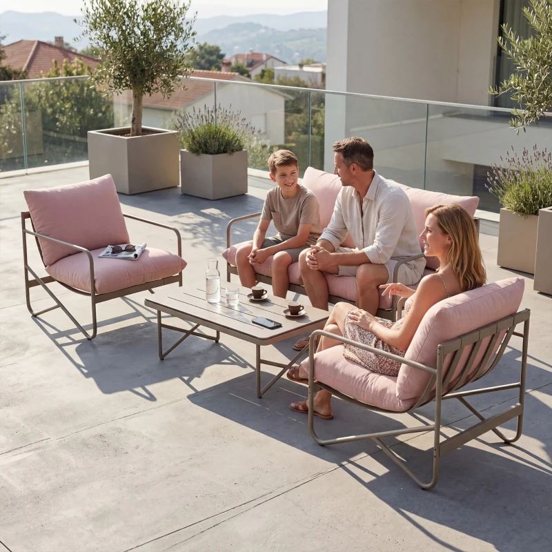 Outsunny Conjunto de Jardim para 4 Pessoas: Sofá, Poltronas, Mesa, Metal, Rosa