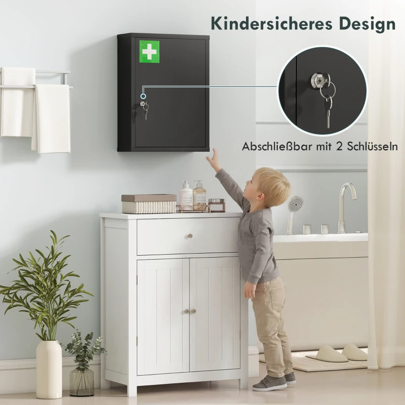 kleankin Medizinschrank zur Wandmontage mit Schloss, 3-stufiger Stahl-Wandschrank, 40 x 15 x 53,5 cm, Schwarz