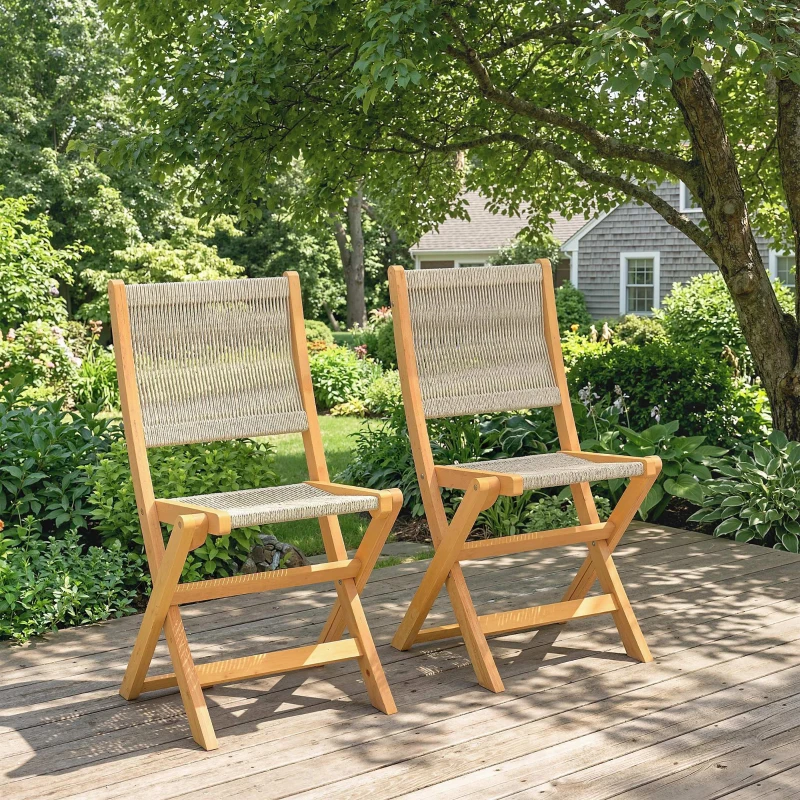 Outsunny Lot de 2 Chaises de Jardin Pliantes Chaises de Balcon en Bois d'Acacia FSC Assise en Corde Tressée Naturel et Beige