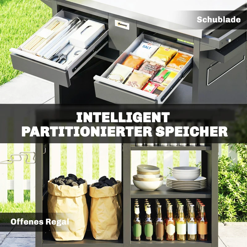 Outsunny Grillwagen 5-Etagen Grilltisch mit Edelstahl Arbeitsfläche verstellbar Regale Schublade Rollen Gewürzhalter Müllständer