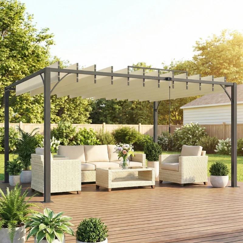 Outsunny Pérgola de Jardín 3x4 m con Protección UPF30+ Gazebo con Techo Ajustable Estructura de Aluminio para Exterior Crema