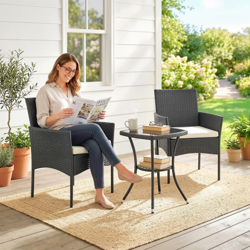 Outsunny 3 Piece Rattan Bistro Set, PE Wicker Garden Furniture Conversation Set with 2 Tier Glass-Top Table, Chairs, Cream White