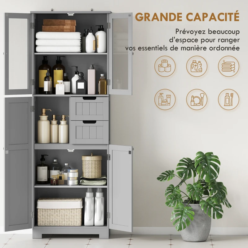 HOMCOM Meuble de salle de bain haut, meuble de rangement avec 4 portes dont 2 vitrées, 2 tiroirs et étagères réglables, gris