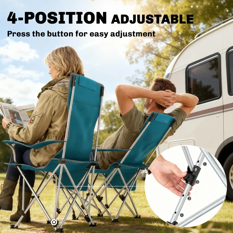 Outsunny Set of 2 Reclining Folding Camping Chair w/ Detachable Footrest, Storage Bag, Cup Holder & Headrest, Blue and Grey
