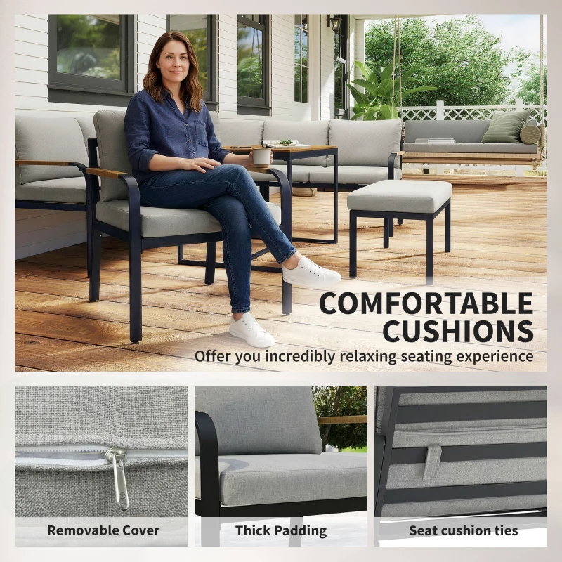 Outsunny 7 Seater Garden Furniture Set, Metal Garden Sofa Set with Cushions, Outdoor Furniture Conversation Sets, Light Grey