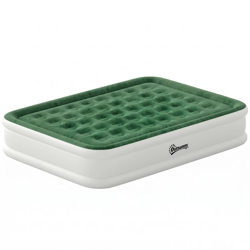 Outsunny Inflatable Mattress, Double Air Bed with Built-in Electric Pump, 3 Mins Inflation, Flocked Surface, Dark Green