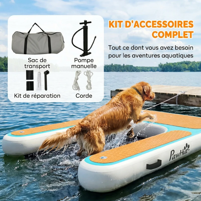 PawHut Rampe d'Eau Gonflable pour Chien jusqu'à 100kg, Surface Antidérapante en EVA, Sac de Rangement, 151x102x15cm, Orange
