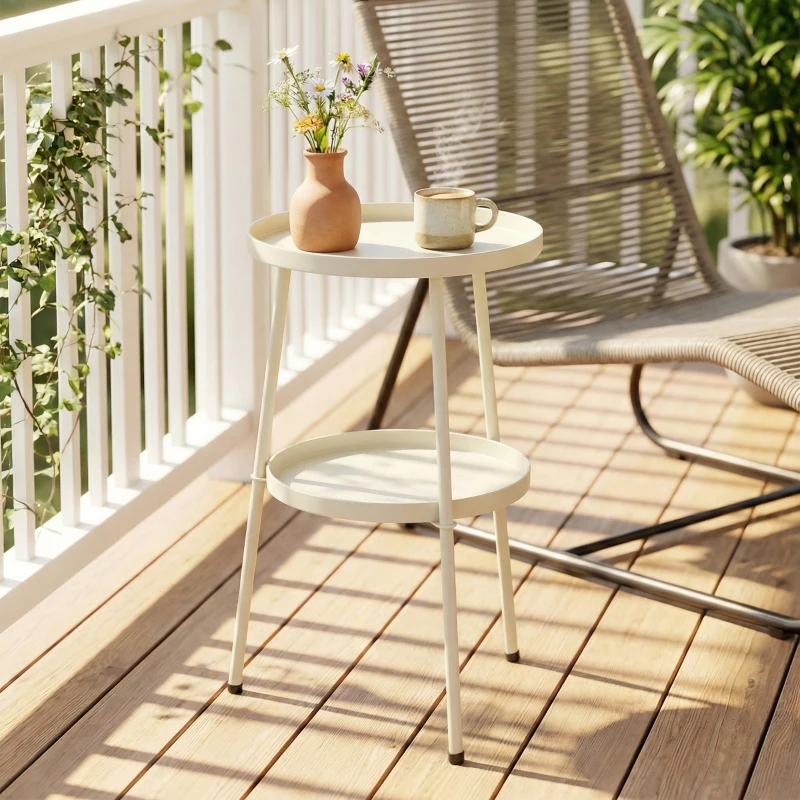 Outsunny Gartentisch Ø36 cm, Balkontisch aus Metall, Esstisch Outdoor, rund Terrassentisch für Garten Terrasse Balkon Cremeweiß