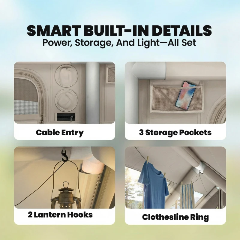 Outsunny Inflatable Camping Tent, 4 Season Hot Tent 10000mm Waterproof with Chimney Opening, Sky Light and Air Pump, Khaki