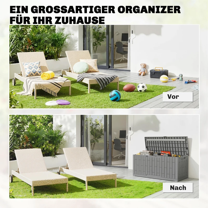 Outsunny Gartenbox 379 Liter Wasserdicht Abschließbar UV-beständig Auflagenbox mit Holzoptik für Garten 122,5x56x62cm Grau