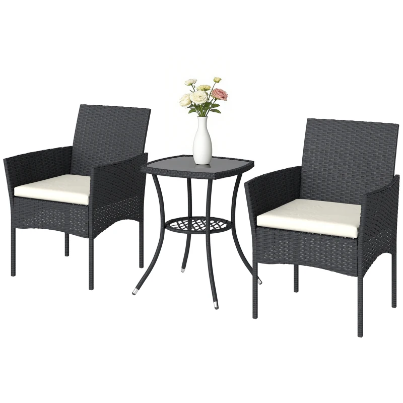 Outsunny 3 Piece Rattan Bistro Set, PE Wicker Garden Furniture Conversation Set with 2 Tier Glass-Top Table, Chairs, Cream White