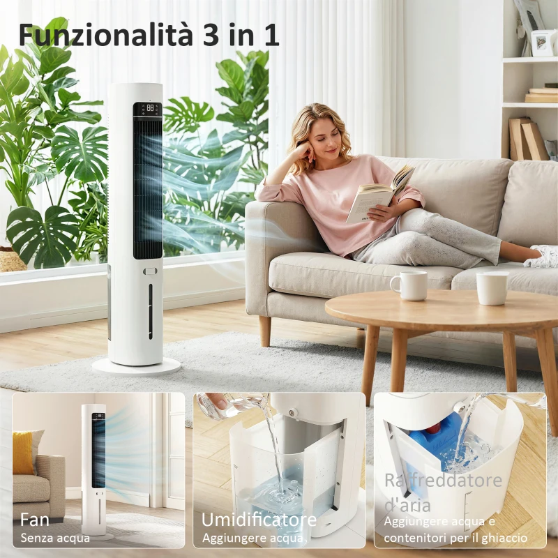 HOMCOM Raffrescatore d'Aria Evaporativo, 3L Serbatoio, 48° Oscillazione, 3 Velocità e Modalità, Bianco