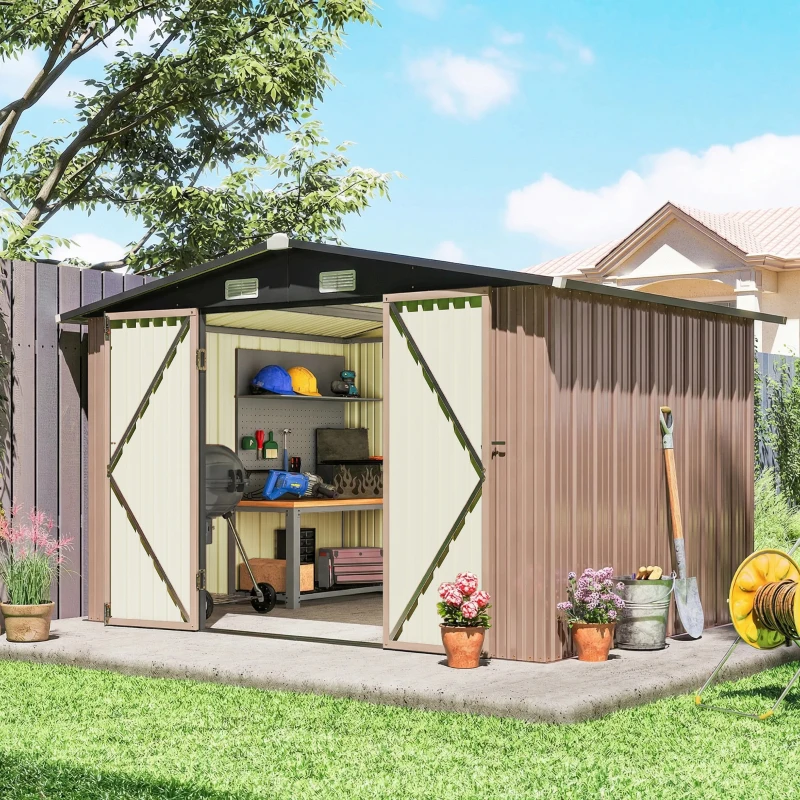 Outsunny Capanno in Metallo 305 x 245 cm, Robusto Capanno da Giardino con 4 Prese d'Aria e Porte Doppie con Serratura, Marrone