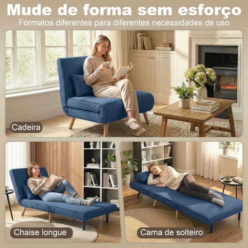 HOMCOM Sofá Cama Individual Estofado em Linho com Encosto Ajustável em 5 Posições e Almofada Sofá Cama Pequeno 72x75x85 cm Azul Escuro