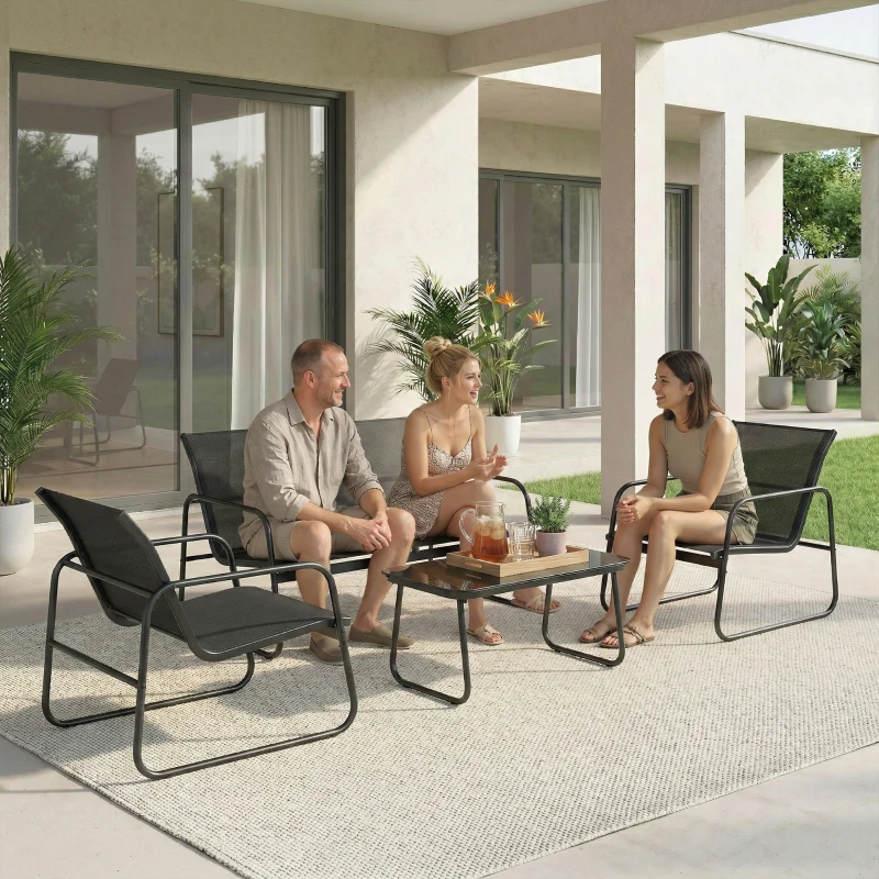 Outsunny Salon de jardin 4 pièces avec canapé, fauteuils et table basse, gris foncé et noir