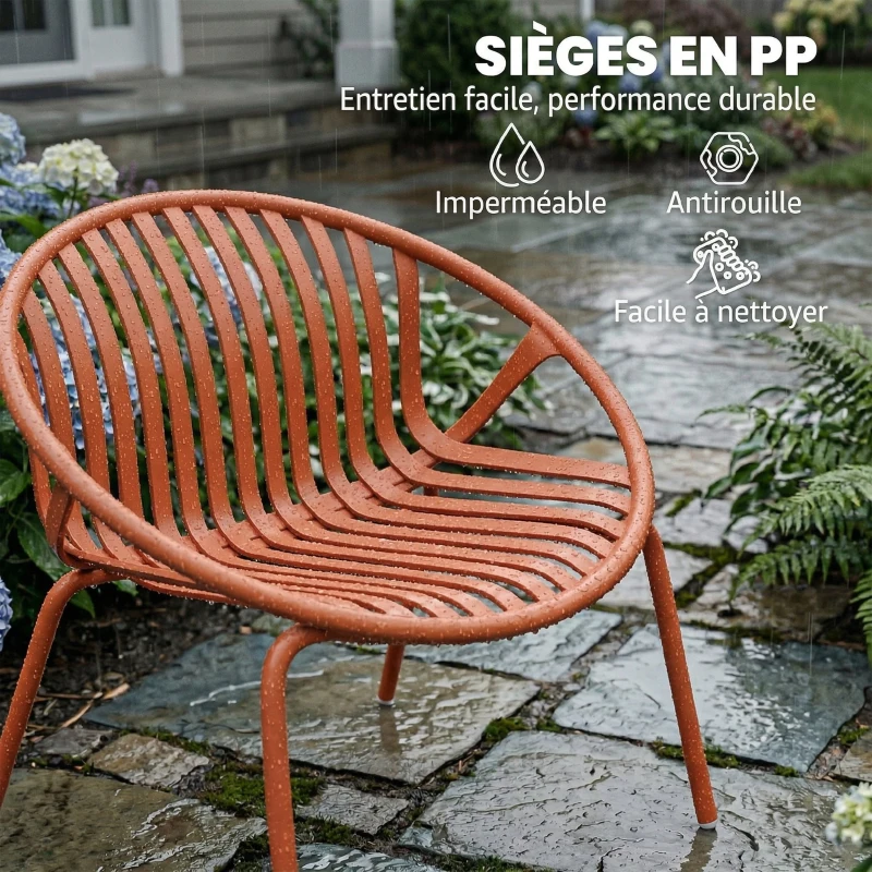 Outsunny Salon de Jardin Ensemble Bistro 3 Pièces Table Basse à Plateau Concave Acier et Polypropylène 80x70x75cm Rouge Brique