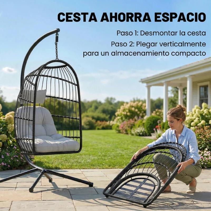 Outsunny Silla Colgante Huevo con Soporte Cesta Plegable Cojín Reposacabezas Altura Ajustable y Cuerda Carga 120 kg Gris Claro
