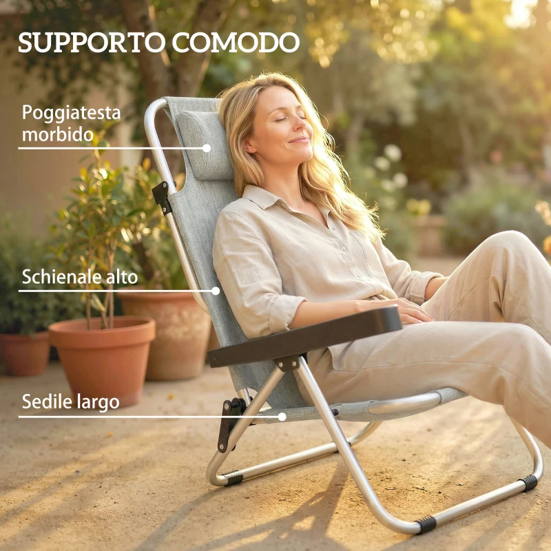 Outsunny Set 2 Sedie a Sdraio Pieghevoli e Reclinabili su 4 Posizioni con Poggiatesta, in Alluminio, 62x61x80 cm, Grigio