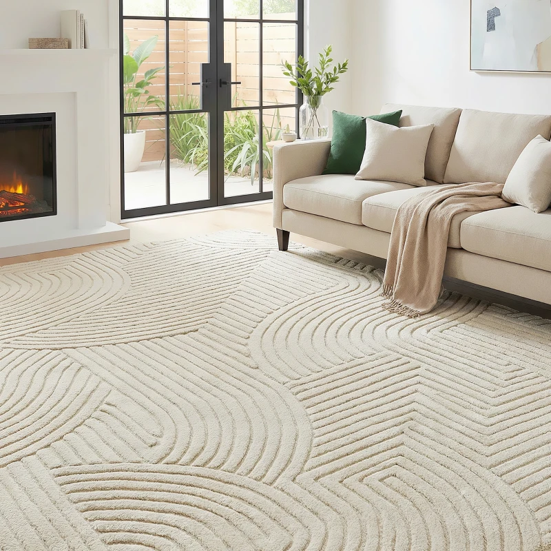 HOMCOM Tapis salon 200 x 140 cm, tapis à poils épais géométrique, moelleux et antidérapant, crème