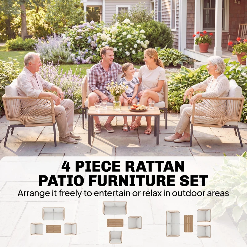 Outsunny Tuinmeubelset Zitgroep voor 4 Personen Tuinlounge met 2-zitsbank, 2 Stoelen, Lamellentafel en Wasbare Kussens