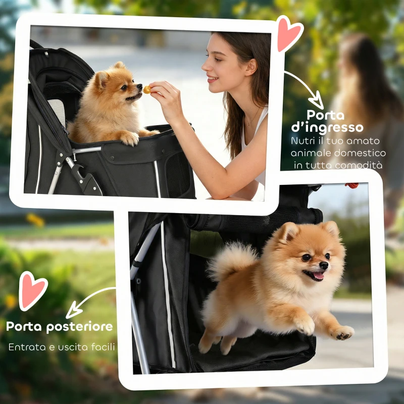 PawHut Passeggino per Cani Pieghevole con Portabicchieri e Cestello, in Acciaio e Tessuto Oxford, 77x44x102 cm, Nero