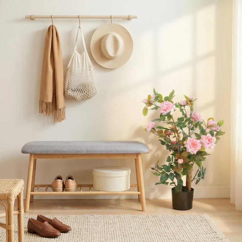 HOMCOM 90cm Artificial Rose Tree, Decorative Fake Plant with 344 Silk Leaves 17 Flowers for Outdoor Indoor Decor, Pink