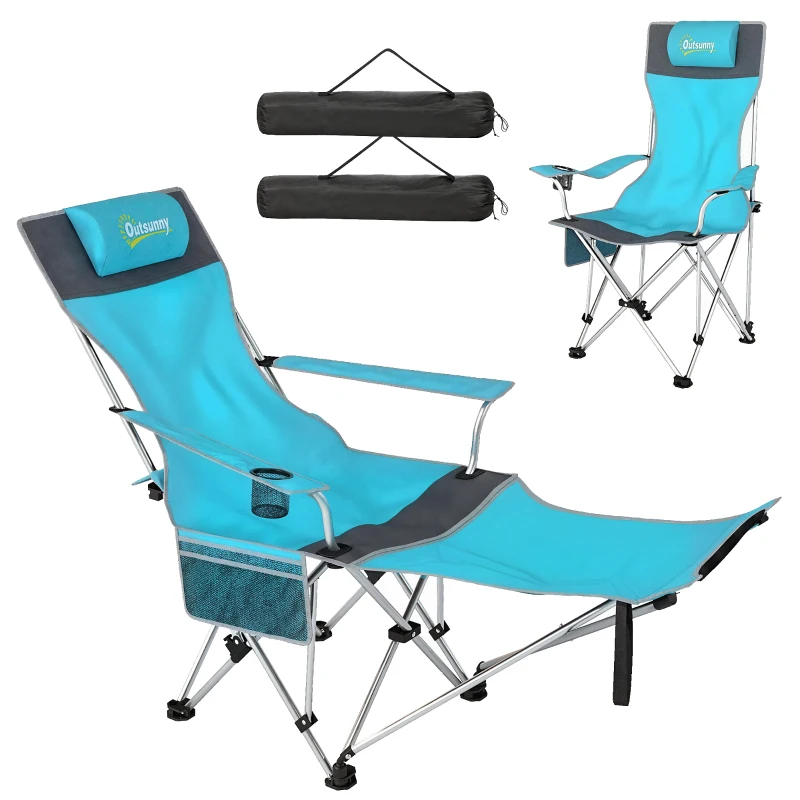 Outsunny Set of 2 Reclining Folding Camping Chair w/ Detachable Footrest, Storage Bag, Cup Holder & Headrest, Blue and Grey