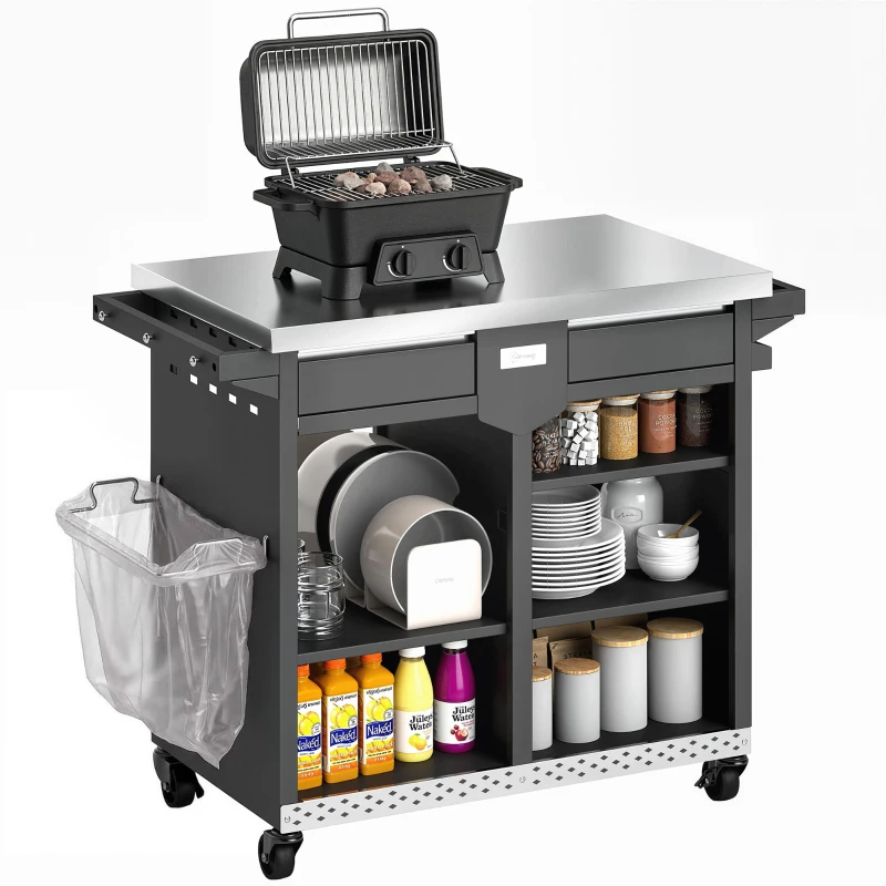 Outsunny Grillwagen 5-Etagen Grilltisch mit Edelstahl Arbeitsfläche verstellbar Regale Schublade Rollen Gewürzhalter Müllständer