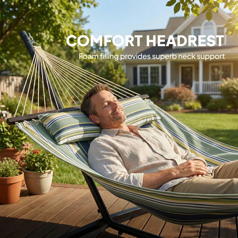 Outsunny Outdoor Hammock with Stand Detachable Pillow Striped Swing Steel Frame, for Garden, Patio, Green