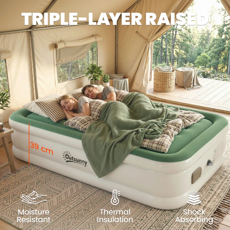 Outsunny Inflatable Mattress, Double Air Bed with Built-in Electric Pump, 3 Mins Inflation, Flocked Surface, Dark Green
