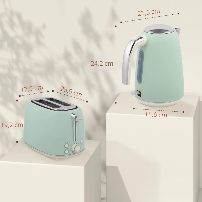 HOMCOM Ensemble bouilloire et grille-pain, bouilloire en acier inoxydable 1,7 L et 2200 W et grille-pain à 2 tranches, vert