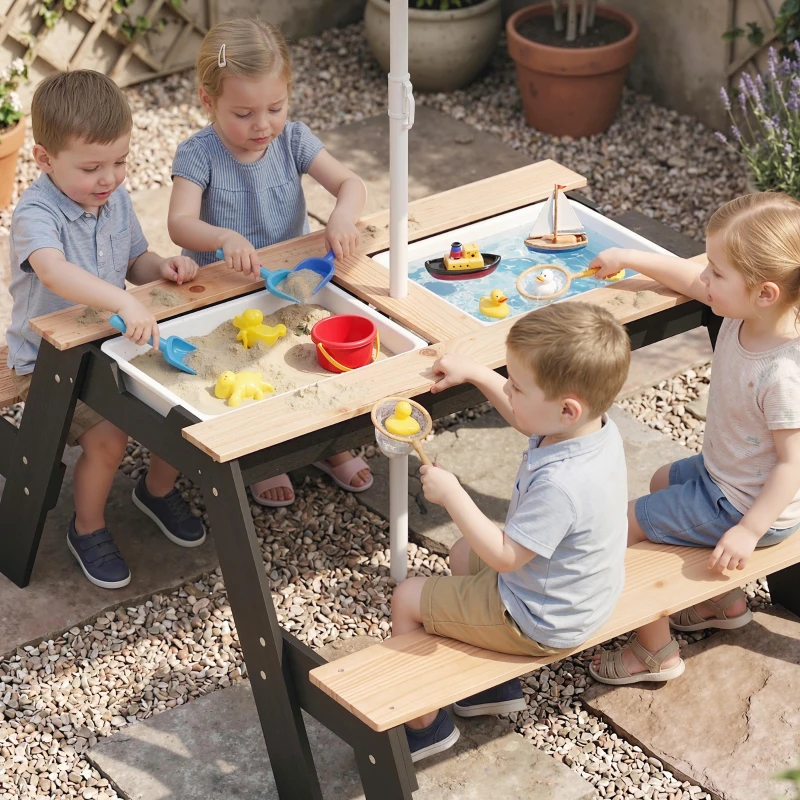 AIYAPLAY Masă de picnic pentru copii cu parasolar, set de grădină din lemn 3 în 1 pentru copii 3-6 ani cu 2 cutii, natural
