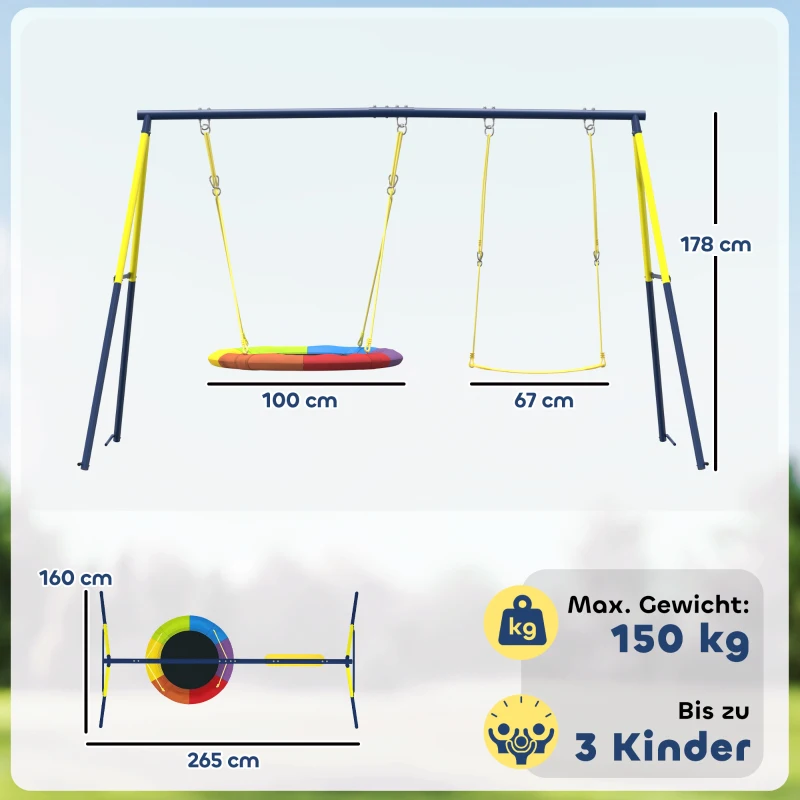 AIYAPLAY Schaukelgestell Schaukel-Set mit Nestschaukel Gurtschaukel verstellbarem Seil für 3-8 Jahre 265x160x178 cm Mehrfarbig