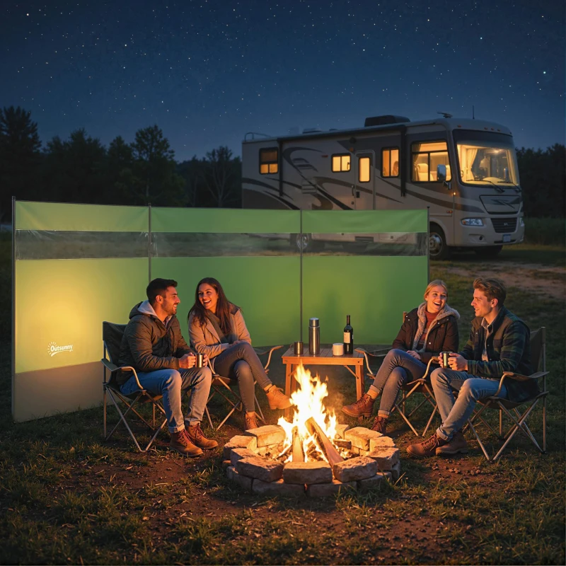 Outsunny Camping Windbreaker with Clear Windows and Steel Poles, for Beach Caravan Campervan, 440 x 140cm, Army Green