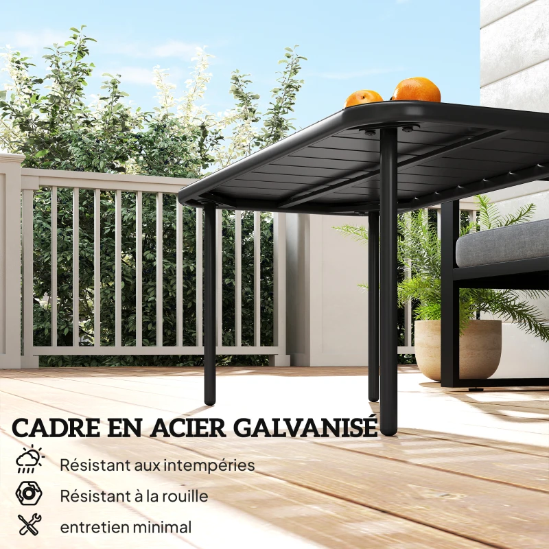 Outsunny Table Basse de Jardin en Acier Galvanisé, Plateau à Lattes, Table Rectangulaire aux Angles Arrondis, 90x50x43cm, Noir