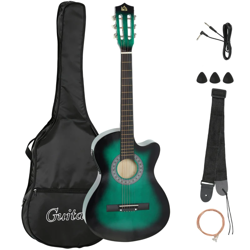 HOMCOM 38 Inch Acoustic Electric Guitar, Beginner Junior Adult Guitar Gloss Finish with Carrying Case - Dark Green