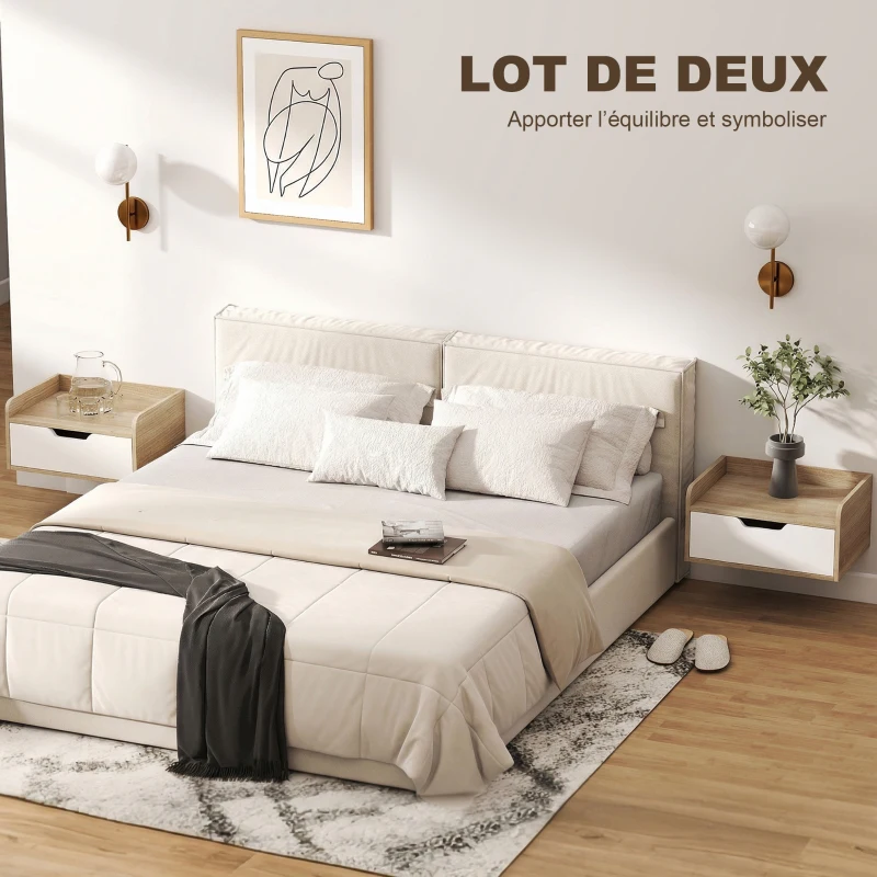 HOMCOM Lot de 2 tables de chevet murales, tables de nuit avec tiroir et plateau à rebords surélevés, 40x30x19,5cm, bois naturel