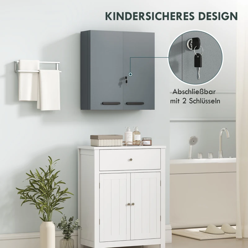 kleankin Medizinschrank, abschließbarer Medikamentenschrank mit 2 Türen und 6 Regalen, Kohlegrau