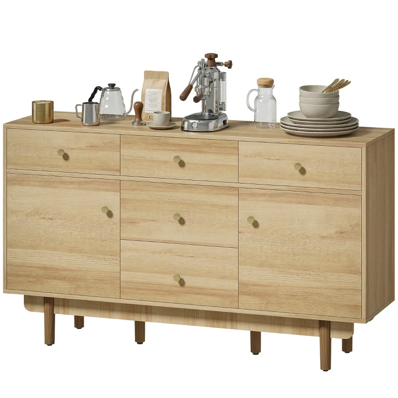 HOMCOM Sideboard with 5 Drawers and 2 Cabinets Buffet Cabinet with Solid Wood Legs 136 cm Walnut