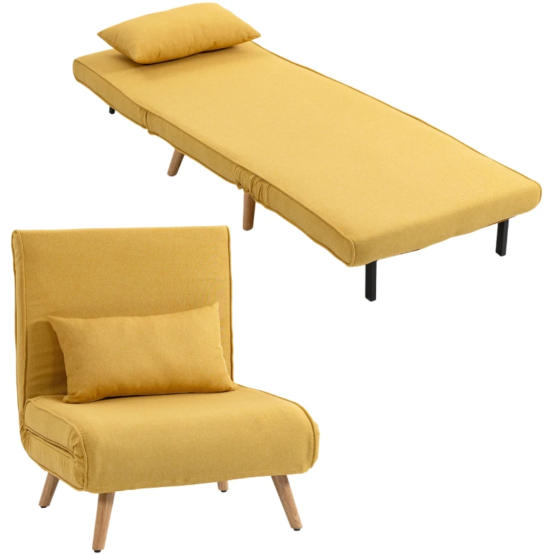 HOMCOM Sofá-Cama Individual Dobrável com Encosto Ajustável em 5 Posições, Sofá-Cama Estofado com Almofada 72x75x85 cm Amarelo